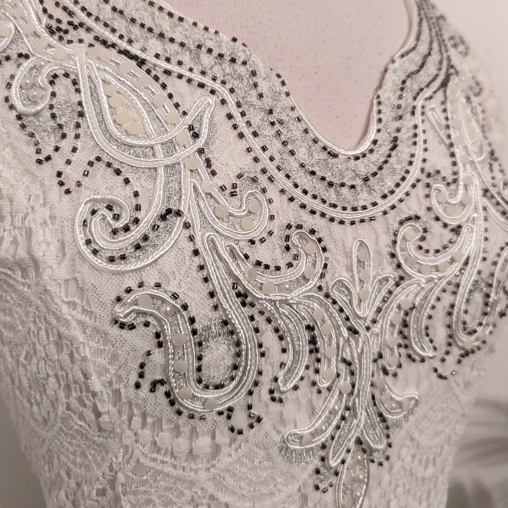 Reba Vintage Lace Boho Embroidered Beaded Cap Sleeve Midi Dress Cream Medium - Picture 3 of 8